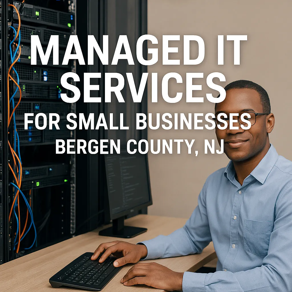 IT technician smiling at a desk beside a server rack, with the words “Managed IT services for small businesses, Bergen County, NJ”