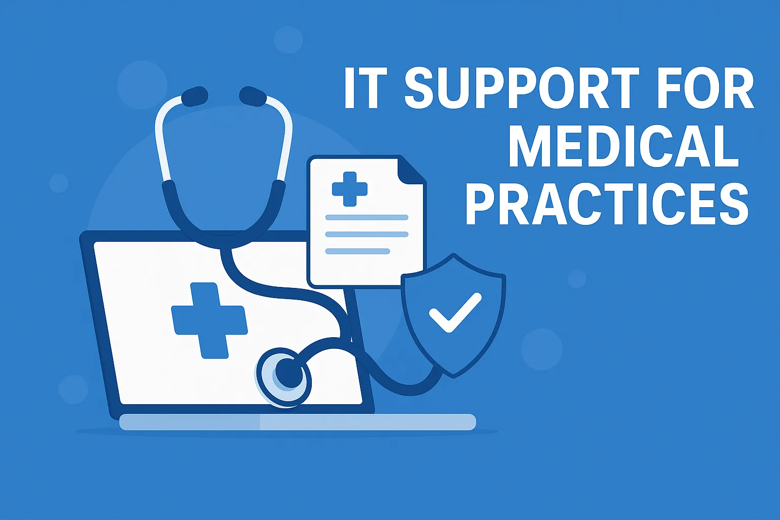 Illustration of a laptop with a medical cross, a stethoscope, a patient record and a security shield, with the words “IT support for medical practices”