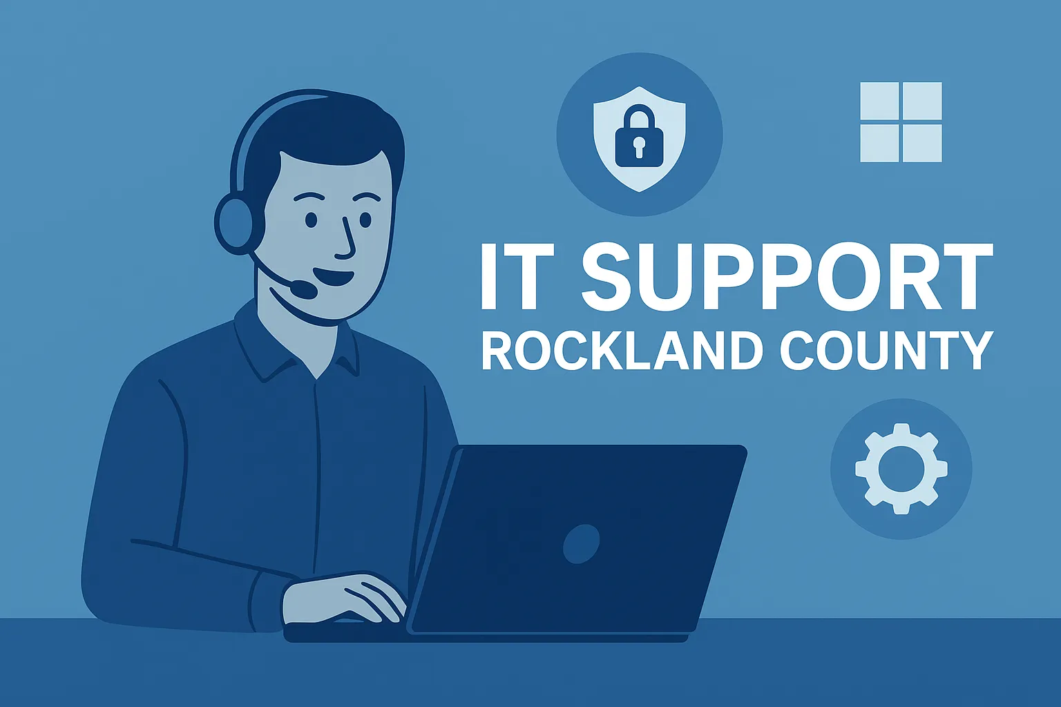 Illustration of a smiling support technician in a headset at a laptop, with padlock, Windows and gear icons and the words “IT support Rockland County”