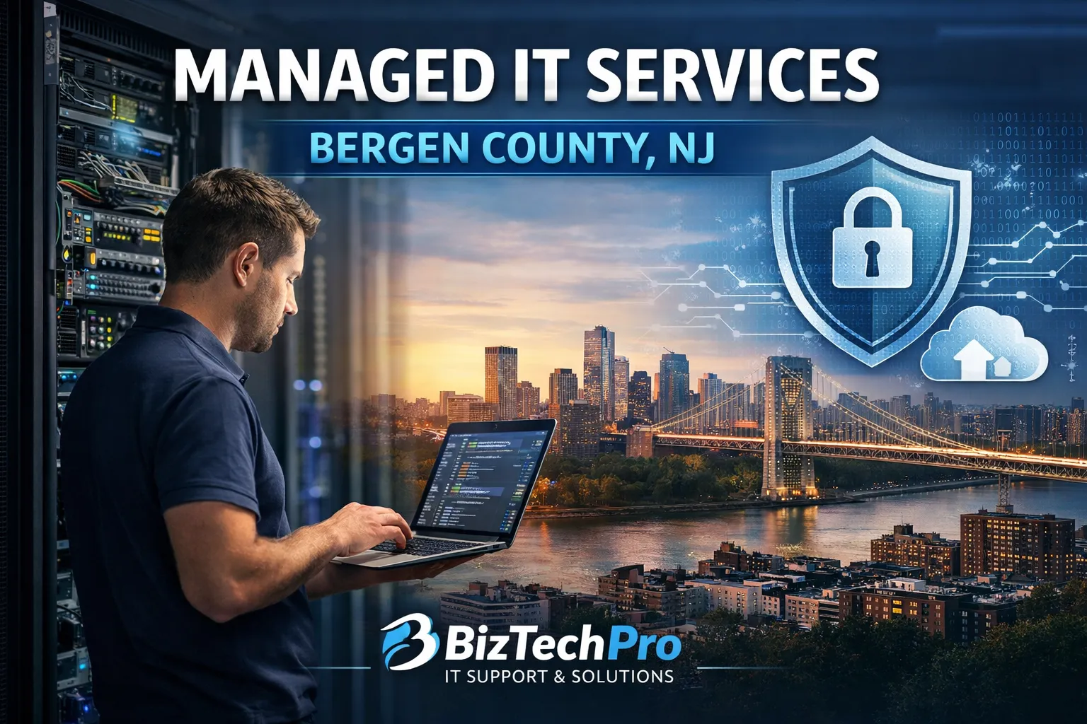 Technician holding a laptop beside a server rack, with a city skyline, a bridge and a security shield behind him, the words “Managed IT services, Bergen County, NJ” and the BizTechPro logo