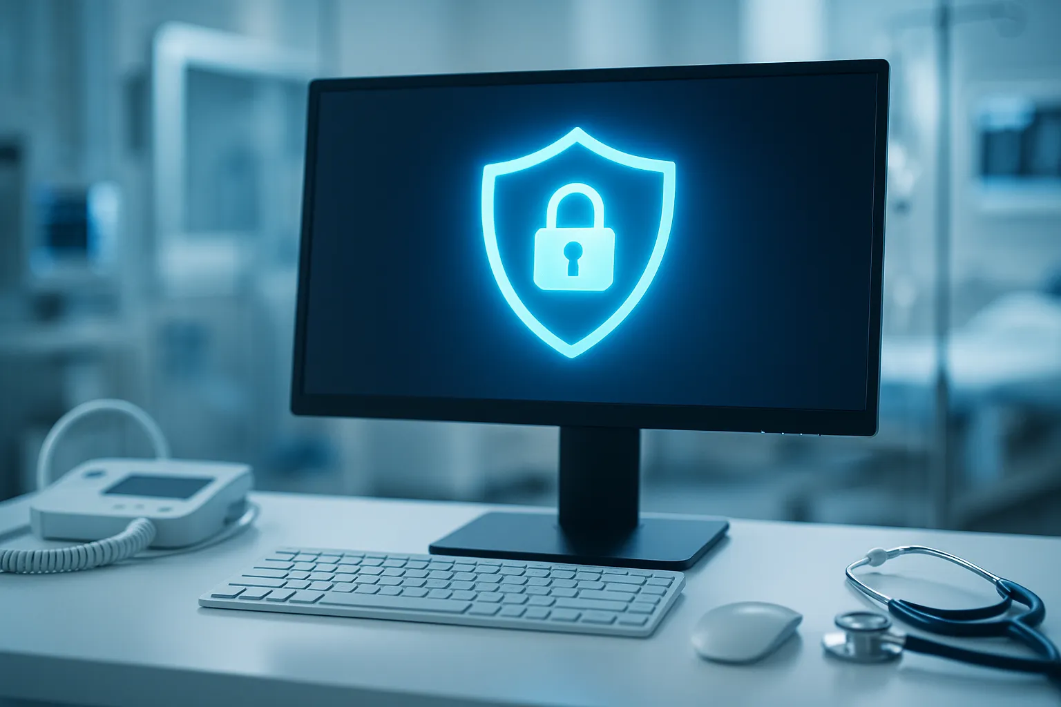 Clinical workstation displaying a cybersecurity shield interface, representing HIPAA-aligned cybersecurity services for Bergen County medical practices.